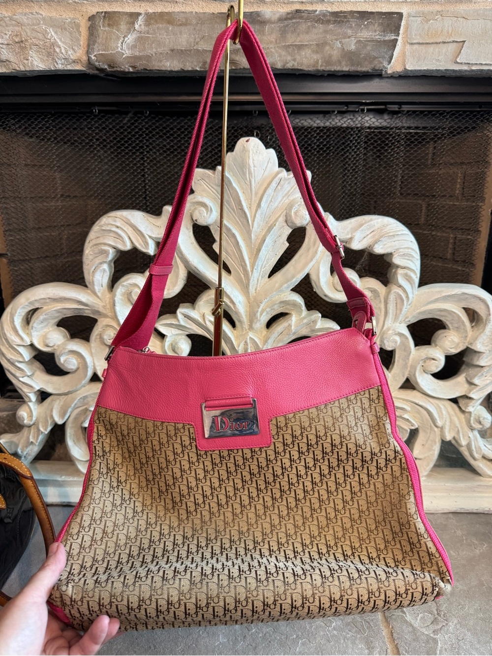 Dior Pink Canvas Logo Shoulder Bag with Leather Trim with COA